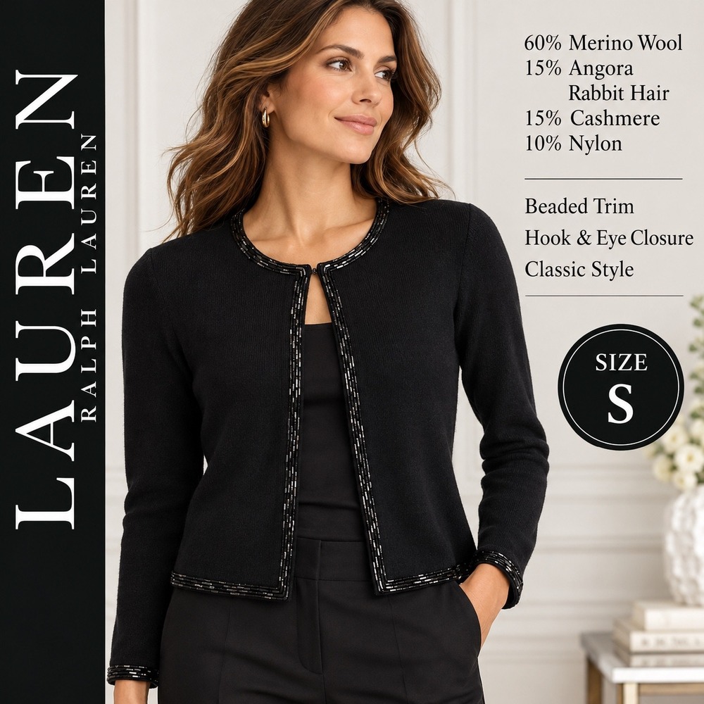Lauren Ralph Lauren Beaded Cardigan S Black Merino Wool Cashmere Angora Sweater